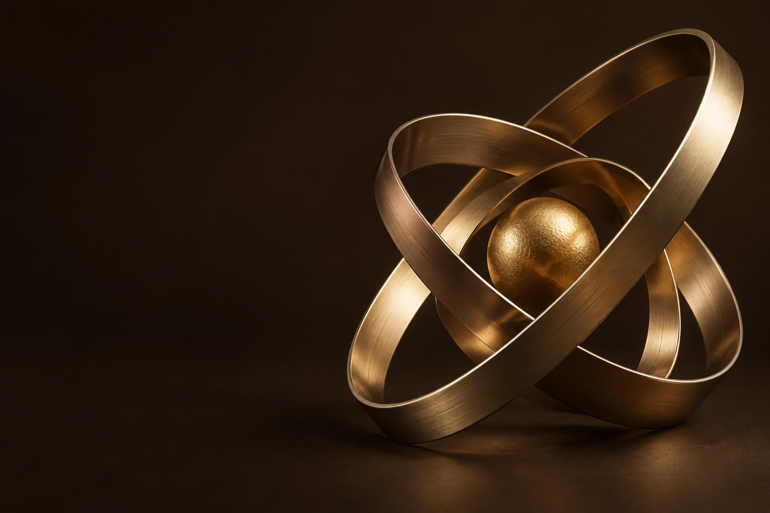 Interlocking sculptural bronze rings surrounding a gold core